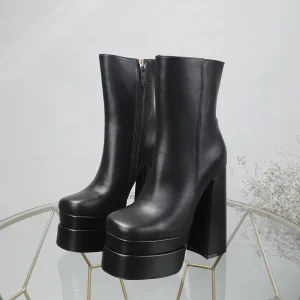 2025 Autunno/Inverno Nero Marrone Stivale alto in vera pelle Fashion Party Tacco spesso Tacco alto Cerniera laterale Stivali da donna di marca34-42 1