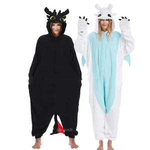 Coppia tutina Halloween Dragon Pigiama Nero Bianco Anime Kigurumis Donna Uomo Tuta carina con cerniera 1