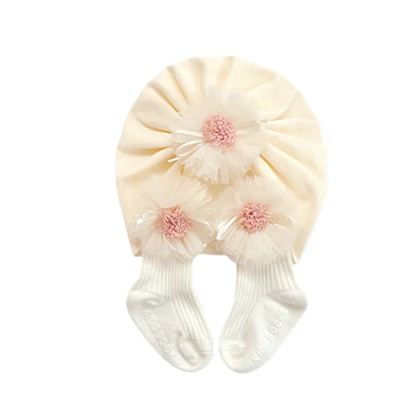 Set di berretti per calzini per bambini, calzino corto a coste con fiore in pizzo per ragazze + cappello turbante per l'autunno, Beige/rosa 5
