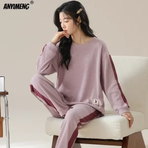 Nuovo pigiama in cotone Waffle autunno inverno per donna pigiameria a maniche lunghe pigiama sportivo Casual o-collo donna Loungewear 1