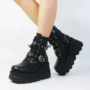 Nuovi stivaletti in pelle Pu da donna donna autunno inverno punta tonda scarpe stringate donna piattaforma moto Botas scarpe gotiche 1