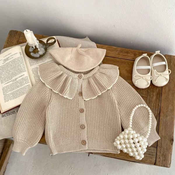 INS Primavera e Autunno Neonati 0-3 Anni Bambina Moda Colletto con Volant Cappotto Lavorato a Maglia Piccolo Cardigan Maglione Top 4