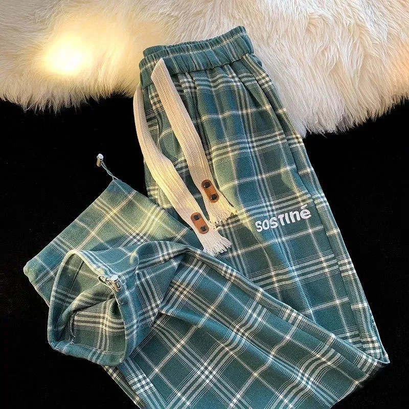 Nuova moda primaverile e autunnale alla moda di marca retrò Plaid gamba larga pantaloni gamba dritta versatili pantaloni Casual larghi e alla moda 4