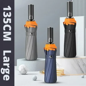 Ombrello super grande, pieghevole completamente automatico, diametro grande 135 cm, resistente al vento, riflettente di sicurezza, ombrellone da viaggio per uomo e donna 1