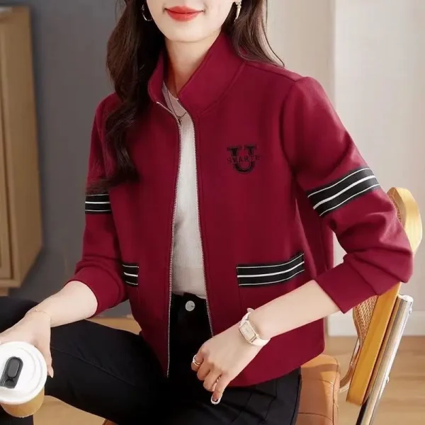 Moda primavera autunno donna colletto alla coreana tasca cerniera contrasto colore ricamo casual cardigan a maniche lunghe felpe top 4