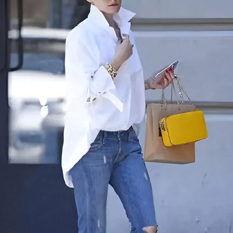 Camicia da donna taglie forti, stile semplice ed elegante, camicia a maniche lunghe ampia con risvolto tinta unita, adatta per gite di abbigliamento da lavoro 4