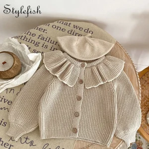INS Primavera e Autunno Neonati 0-3 Anni Bambina Moda Colletto con Volant Cappotto Lavorato a Maglia Piccolo Cardigan Maglione Top 1