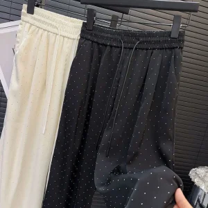 Lucyever Pantaloni dritti con strass pieni di lusso di alta qualità Pantaloni casual solidi a vita alta larghi a vita alta da donna 1