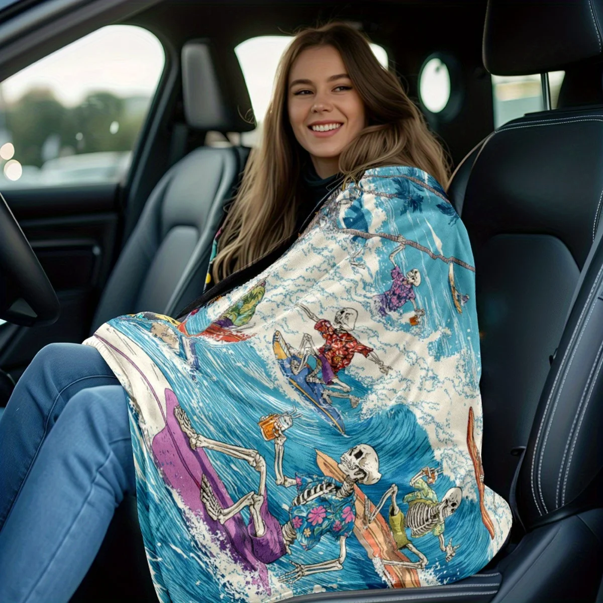 Coperta in flanella leggera ultra morbida da 1 pezzo - Scena di surf vibrante con onde e surfisti scheletrici, accogliente tiro caldo per il campeggio, T 5