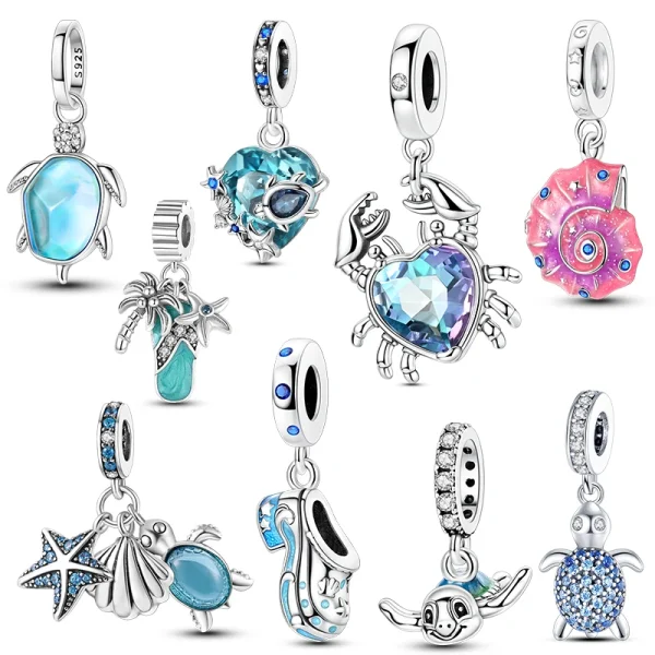 Originale argento 925 fascino estate oceano granchio tartaruga marina polpo perline braccialetto adatto ciondolo gioielli donna fai da te 1