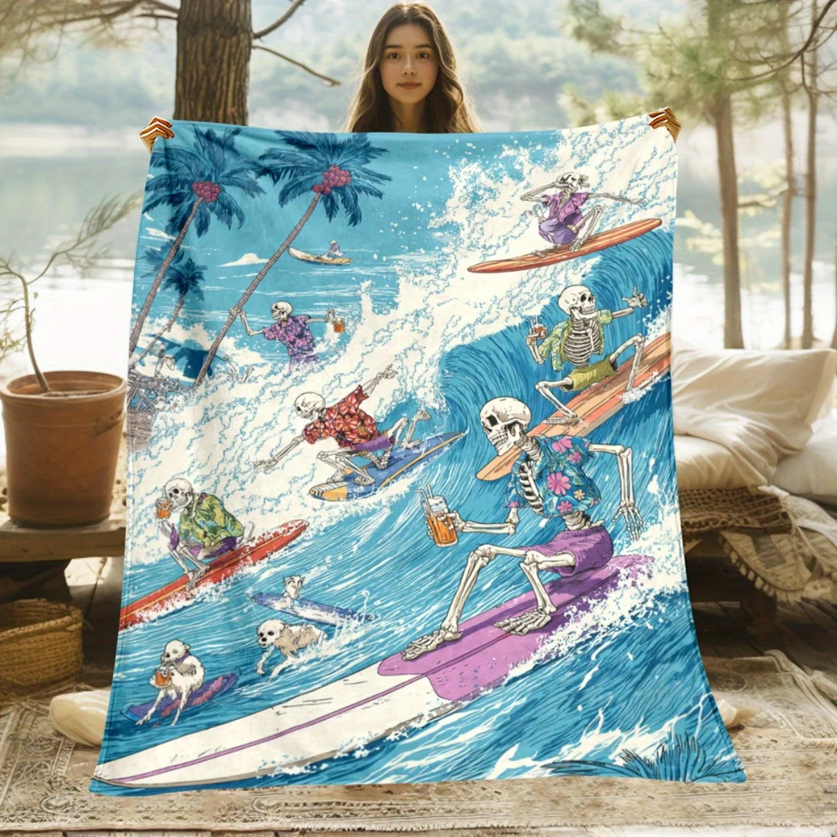 Coperta in flanella leggera ultra morbida da 1 pezzo - Scena di surf vibrante con onde e surfisti scheletrici, accogliente tiro caldo per il campeggio, T 4