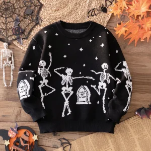 Felpa con cappuccio lavorata a maglia con scheletro di scheletro di Halloween da ragazzo adatta per festival primaverili, autunnali e invernali 1