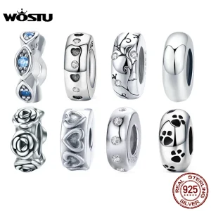 WOSTU 925 Sterling Silver Stopper Perline Del Distanziatore Piuma di Gatto Fascino Rotondo Misura Il Braccialetto Originale Del Braccialetto Accessori Gioielli FAI DA TE 1