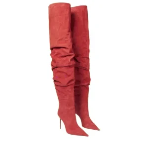 Stivali da banchetto sopra il ginocchio pieghettati sexy europei e americani con tacco alto, scarpe da passeggio senza maniche della settimana della moda femminile 1