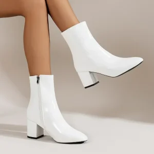 Stivaletti bianchi per le donne 2024 Nuova cerniera laterale Tacco medio elasticizzato Stivaletti corti di grandi dimensioni Scarpe a punta moda Botas De Mujer 1