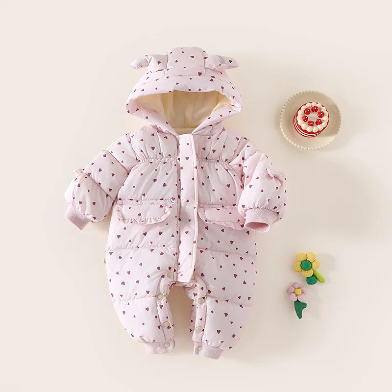 Inverno Bambini Ragazze Pagliaccetti Dot Stampato Tute con cappuccio per 0-3Y Neonate Parka imbottito in cotone Tute intere per neonate infantili 2
