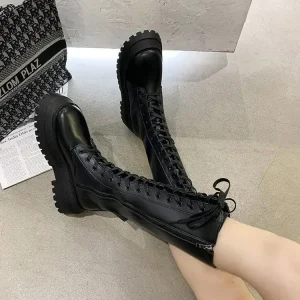 Stivali da moto da donna Zeppe Scarpe basse Donna Piattaforma tacco alto Stivali in pelle PU Stringate Scarpe da donna Stivali neri Girls2021 1