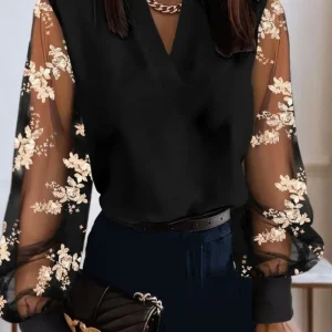 Camicia a maniche lunghe in pizzo trasparente da donna alla moda Primavera Autunno Camicetta pullover con scollo a V Elegante top casual per pendolari da ufficio femminile 1