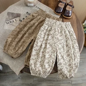 Pantaloni da lanterna floreale in cotone autunnale per bambina 1-6 anni Abbigliamento per bambina da bambino Pantaloni morbidi con stampa floreale allentata in vita elastica 1