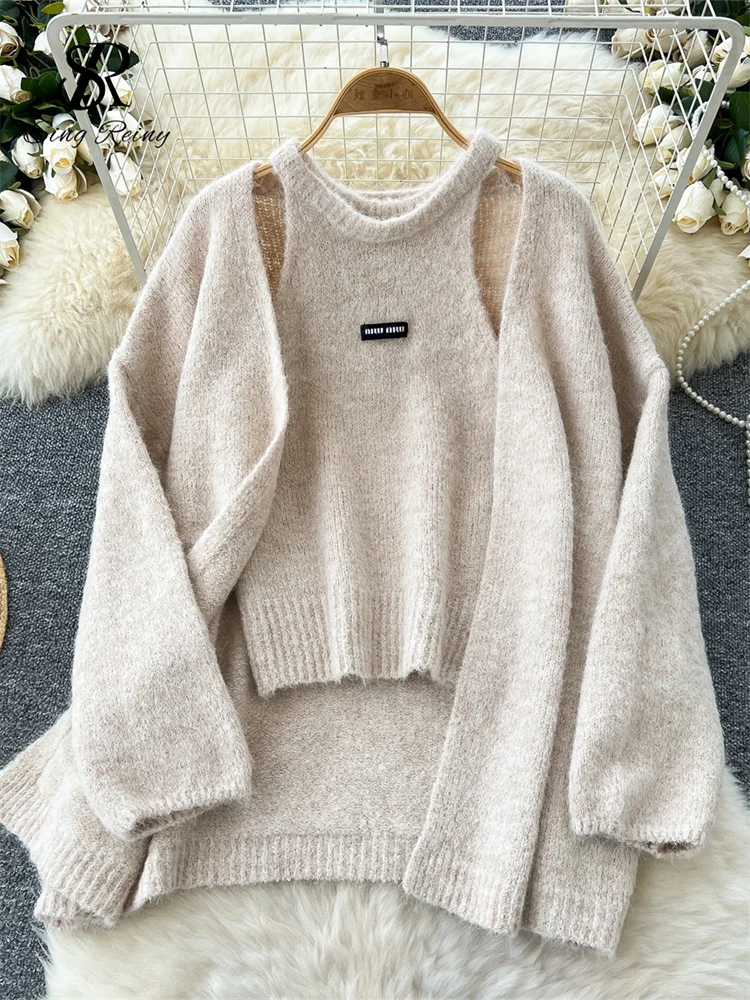 SINGREINY Maglione di cashmere solido moda maniche lunghe cardigan caldo allentato + canotta in maglia senza maniche top casual delicato invernale 3