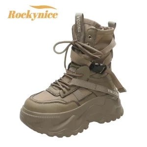 Stivaletti da donna Scarpe robuste in pelle autunnale Scarpe da ginnastica traspiranti con piattaforma alta da donna Stivali da moto con zeppa con suola spessa 8 cm 1