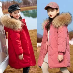 Nuovo molto tenere in caldo moda ragazze giacca stile lungo grande collo di pelliccia cappello staccabile cappotto pesante per 2-12 anni bambini 1