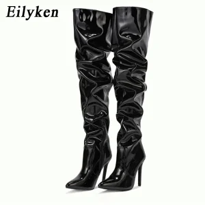 Eilyken Red Women boots over the knee high heels Patent leather Solid pointed toe Side zipper Sapatos Femininos 1