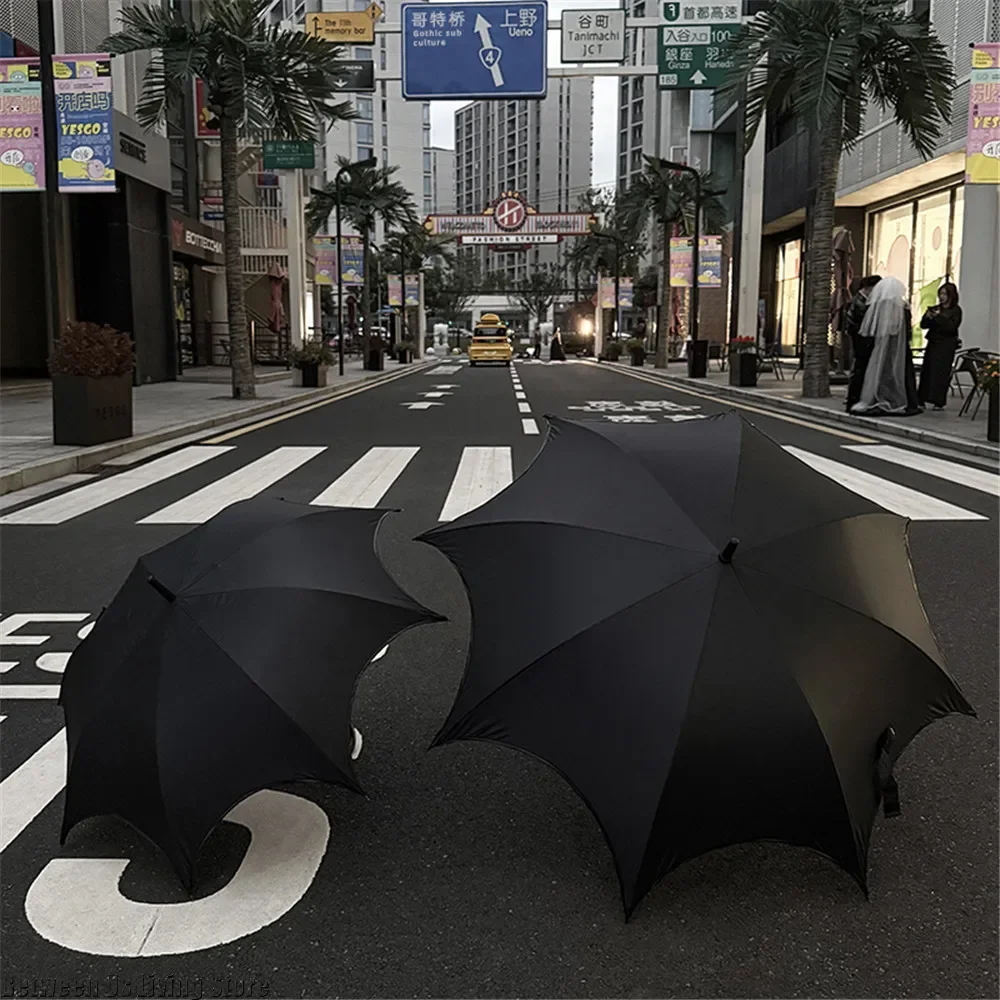 Ombrelli gotici da donna Manico lungo Ombrello automatico a doppio uso per la pioggia del sole Accessorio Lolita scuro Ombrellone in vinile UV per tutte le stagioni 5