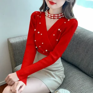 Pullover con scollo a V lavorato a maglia irregolare tutto-fiammifero moda donna Autunno Inverno Maglione svasato ricamato alla moda 1