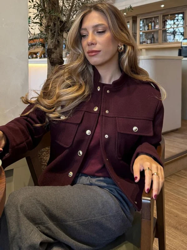 ZBZA Giacca da donna retrò rosso vino Stand collar manica lunga monopetto spalline abbottonate Colore solido cappotto casual tasca applicata Autunno inverno Nuova giacca femminile chic 3