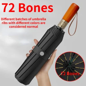Ombrello completamente automatico da 72 ossa per uomo, grande, pieghevole, nero, di fascia alta, con manico in legno 1