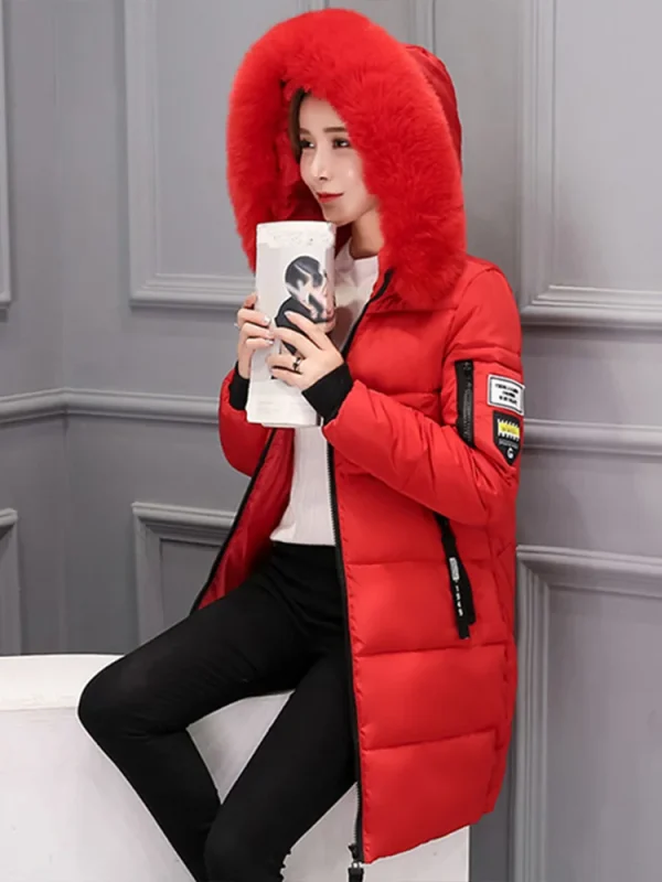 Parka da donna con collo in pelliccia invernale con cappuccio, lettera di moda, tasche con cerniera, design, giacca lunga, cappotti femminili spessi caldi e sottili - immagine 6