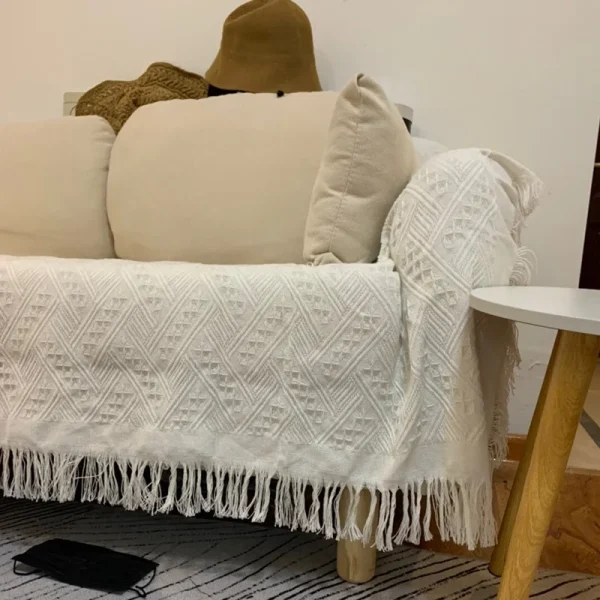 Coperte da tiro per divano nordico, campeggio all'aperto, picnic, grande coperta per il tempo libero, relax, telo mare, tappeto da viaggio bianco, nappe, lino 5