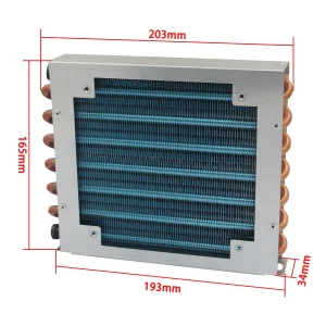 Radiatore a condensatore a guscio piccolo frigorifero congelatore scambiatore di calore con pinna in alluminio raffreddato ad acqua e tubo in rame con ventola 203 * 165 * 34 1