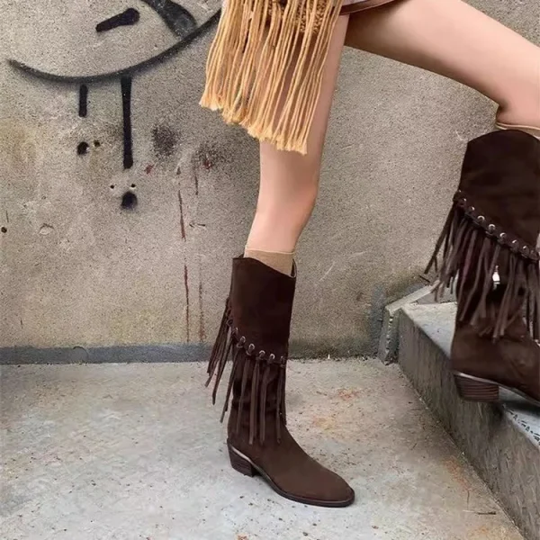 Stivali da cowboy con frange in pelle marrone vintage francese Stivali Maillard da donna Stivali da cavaliere Prairie Wear 4