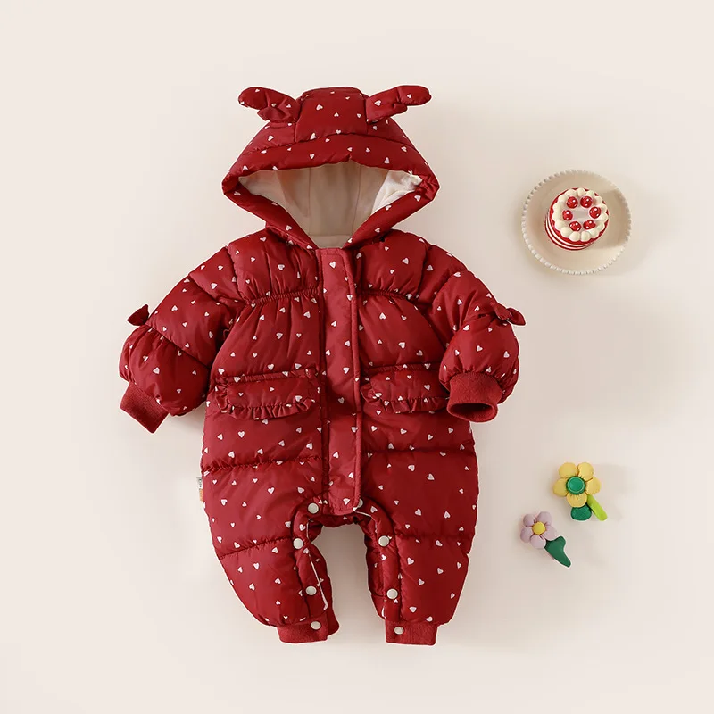 Inverno Bambini Ragazze Pagliaccetti Dot Stampato Tute con cappuccio per 0-3Y Neonate Parka imbottito in cotone Tute intere per neonate infantili 3