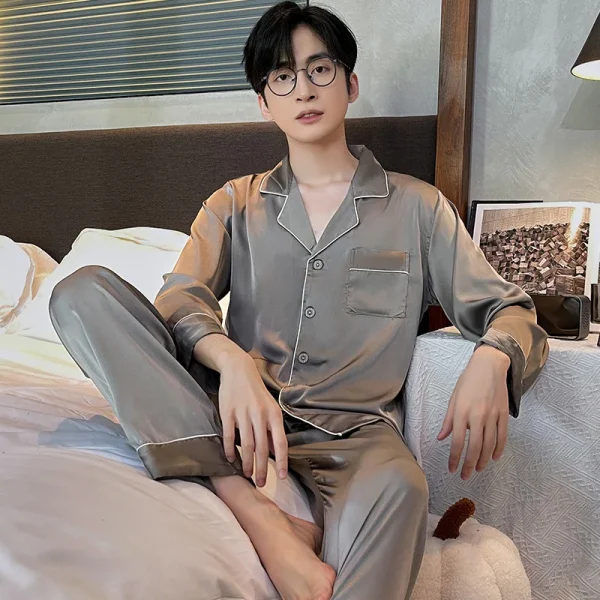 Pigiama da uomo autunno e inverno pantaloni lunghi a maniche lunghe indumenti da notte in seta Loungewear Cardigan giovanile Solid Nightwear Homewear 5