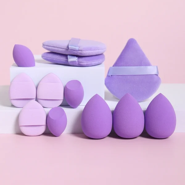Set di 12 spugne per trucco multiuso, realizzate con 3 bignè di cipria sfusa, 3 mini soffio a cuscino d'aria, 3 uova di bellezza e 3 mini bellezza 1