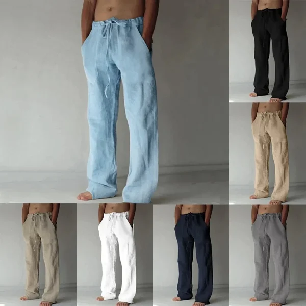 Pantaloni lunghi da uomo in cotone e lino pantaloni estivi in lino traspirante tinta unita pantaloni Casual da uomo Casual elastici in vita Harajuku Trous 5