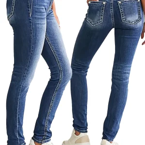 Pantaloni in denim da donna alla moda in stile classico a vita bassa elasticizzati slim fit blu scuro da donna 1