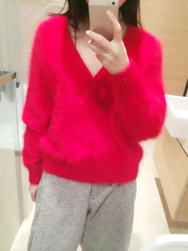 Pullover in Cashmere di visone morbido naturale 100% nuove donne scollo a V maglioni in Cashmere Fluffly reale Sexy personalizza il colore di grandi dimensioni wsr907 4