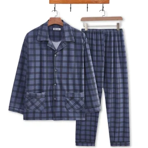 Pigiama da uomo Primavera Autunno e Inverno Plaid stampato a maniche lunghe Abbigliamento casual per la casa Indumenti da notte Set da 2 pezzi Abbigliamento da casa morbido di grandi dimensioni 1