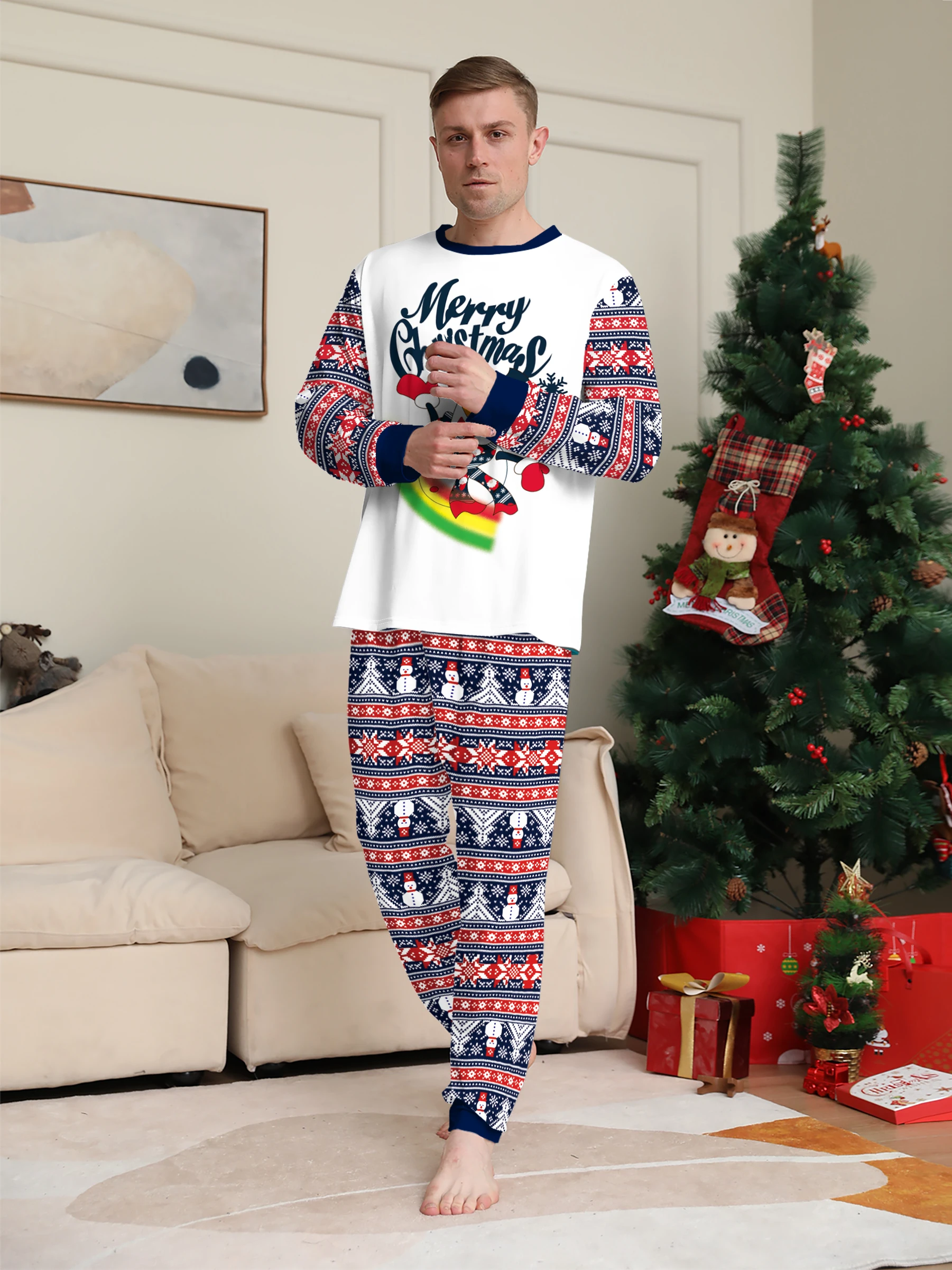 Pigiama natalizio da uomo, stampa pupazzo di neve e Fair Isle, pigiama "Merry Christmas". 3