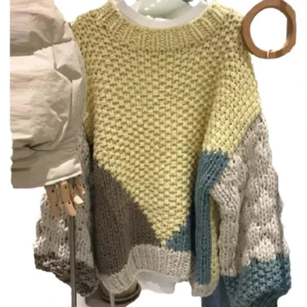 Pullover da donna Top in maglia Girocollo Maglioni a maniche lunghe Maglioni Allentati Casual Top Elegante Giunzione Autunno Inverno 2024 5