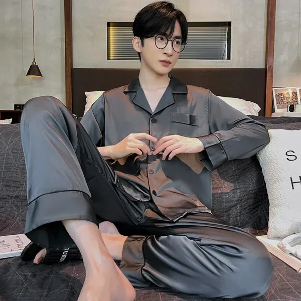 Pigiama da uomo autunno e inverno pantaloni lunghi a maniche lunghe indumenti da notte in seta Loungewear Cardigan giovanile Solid Nightwear Homewear 6