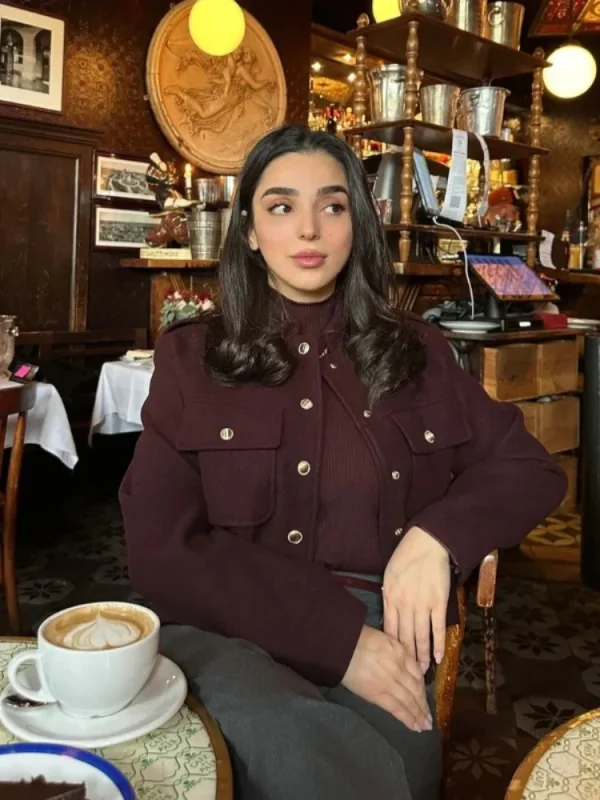 ZBZA Giacca da donna retrò rosso vino Stand collar manica lunga monopetto spalline abbottonate Colore solido cappotto casual tasca applicata Autunno inverno Nuova giacca femminile chic 4