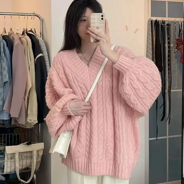 Maglione da donna autunno inverno Harajuku pullover lavorato a maglia oversize coreano manica lunga scollo a V maglieria maglione allentato solido preppy 3