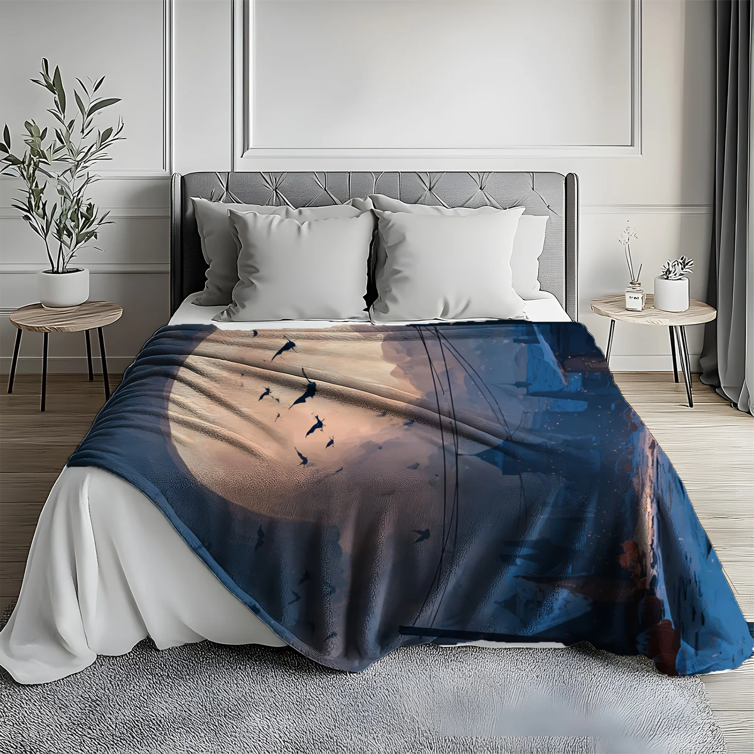 1 coperta in flanella gotica del villaggio invernale con luna piena, pipistrelli e case di zucca - Morbido tiro accogliente blu e marrone per divano, letto 4