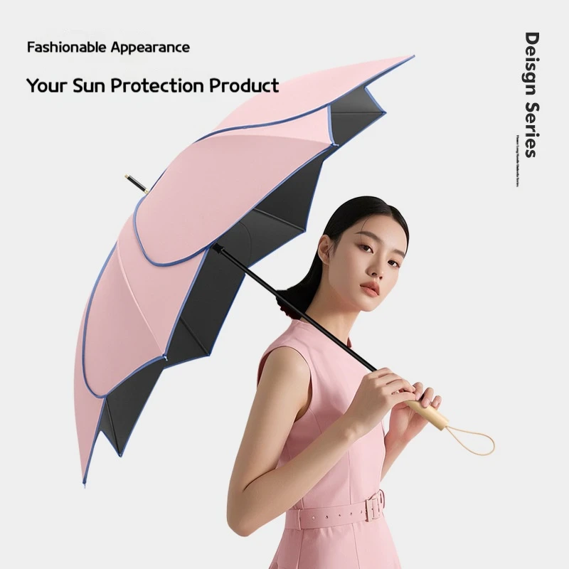 Ombrello a doppio uso per pioggia e sole con manico lungo a forma di fiore, protezione UV, protezione solare, ombrellone, ombrellone in vinile 2