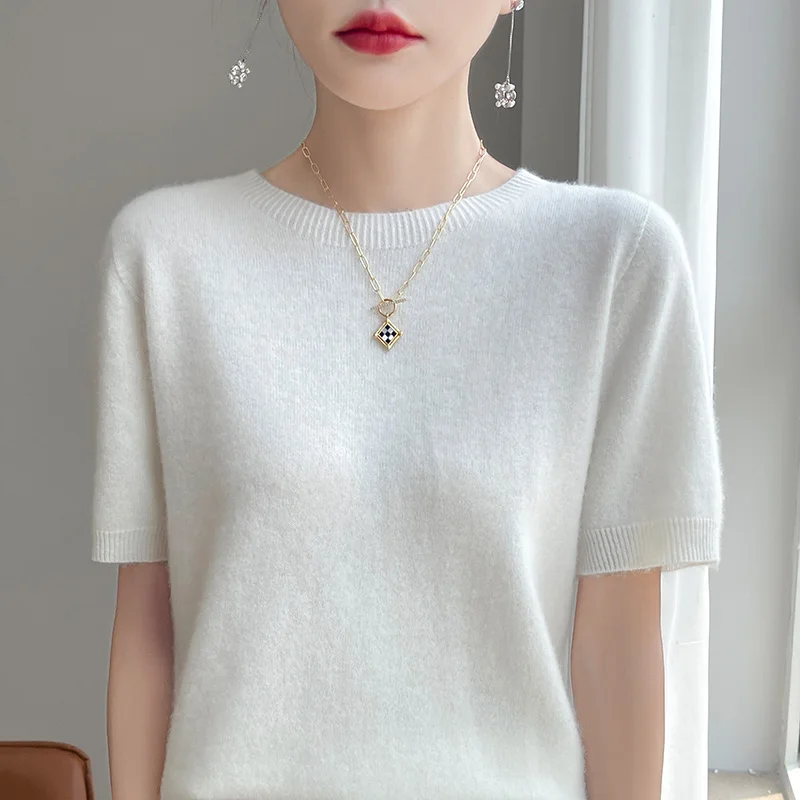 Nuovo maglione lavorato a maglia girocollo alla moda, tinta unita a maniche corte, pullover da donna di prima linea leggero e confortevole-RY130 4